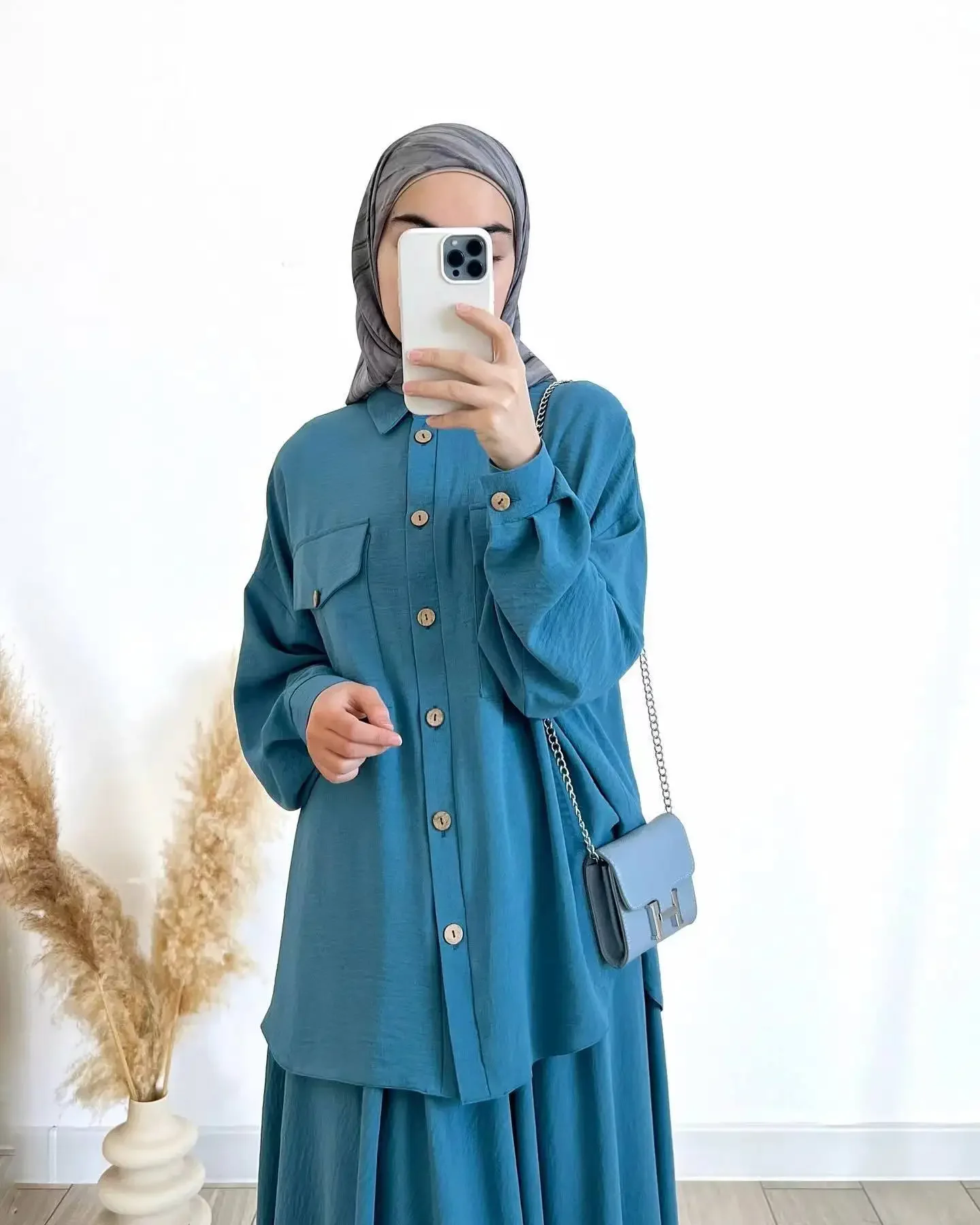 tenue été ensemble chemise jupe bleu