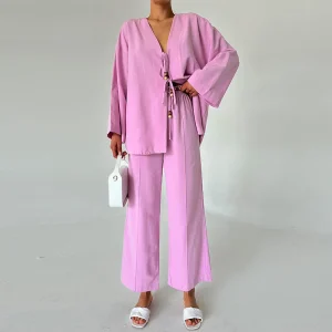 ensemble tunique et pantalon casual rose