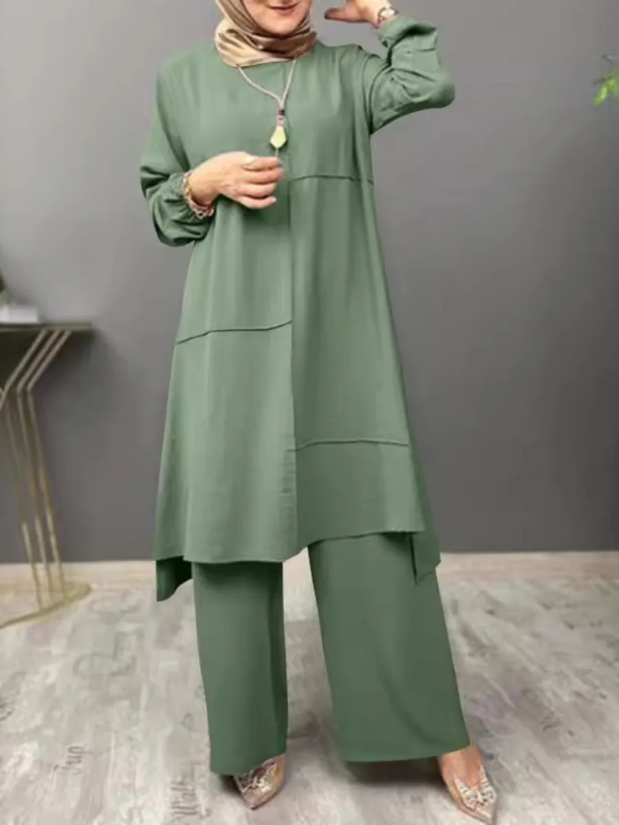 tenue décontractée tunique longue et pantalon vert