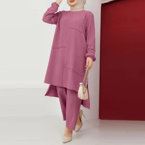 tunique longue rose et pantalon assorti