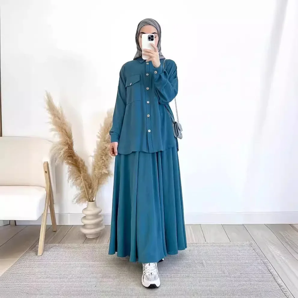 ensemble chemise tunique et jupe longue bleu