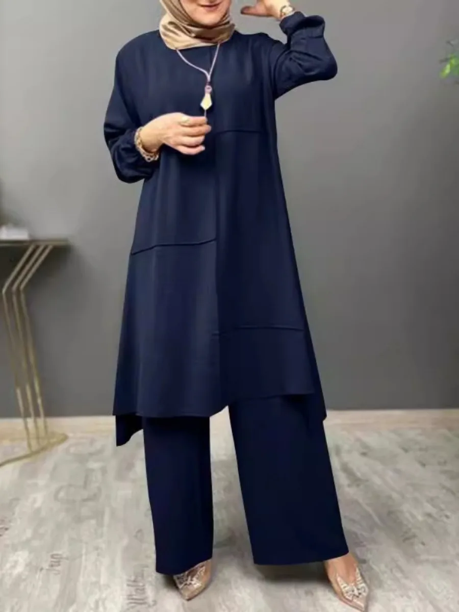 ensemble tunique longue et pantalon bleu marine