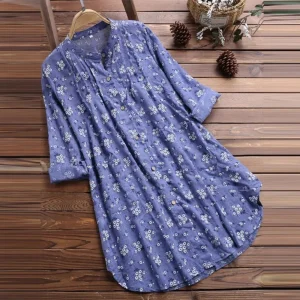 tunique longue fleurie en coton bleu