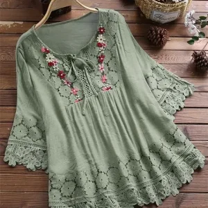tunique fleurie en dentelle vert militaire