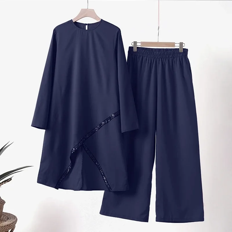 ensemble stylé tunique longue avec pantalon bleu