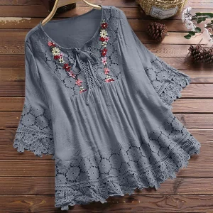 tunique longue fleurie en dentelle grise