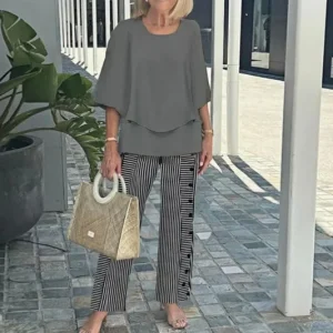 ensemble pantalon tunique manches volantes gris noir