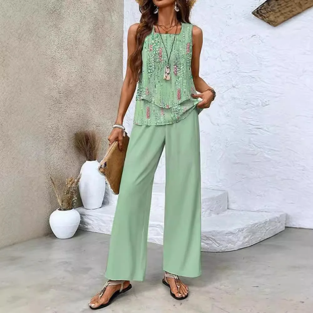 tunique fluide vert menthe avec pantalon assorti