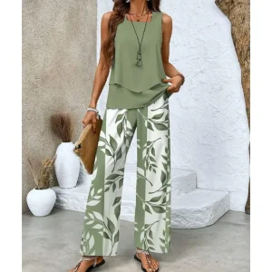 pantalon fluide vert avec tunique assortie