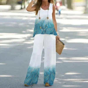 ensemble pantalon tunique chic blanc et bleu