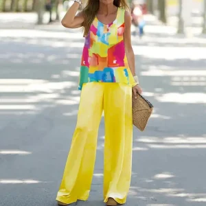 ensemble pantalon tunique sans manches jaune