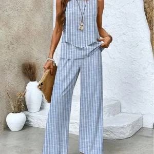 tenue élégante tunique pantalon fluide rayée bleu